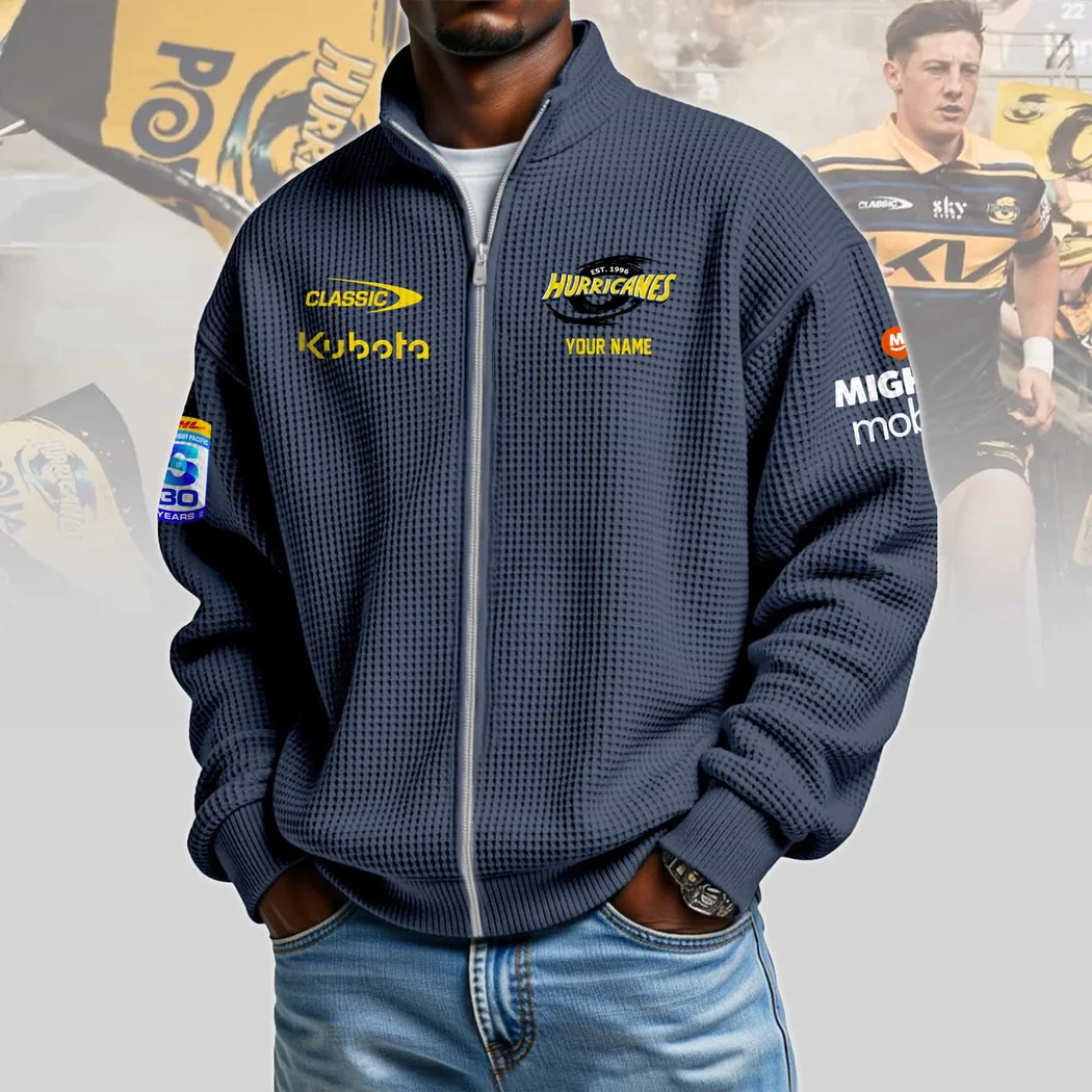 Hurricanes Rugby Personalized 30 Years Anniversary Yellow Waffle Knit Full-Zip Zipper Sweater Hurricanes Rugby Personalized 30 Years Anniversary Yellow Waffle Knit Full-Zip Zipper Sweater