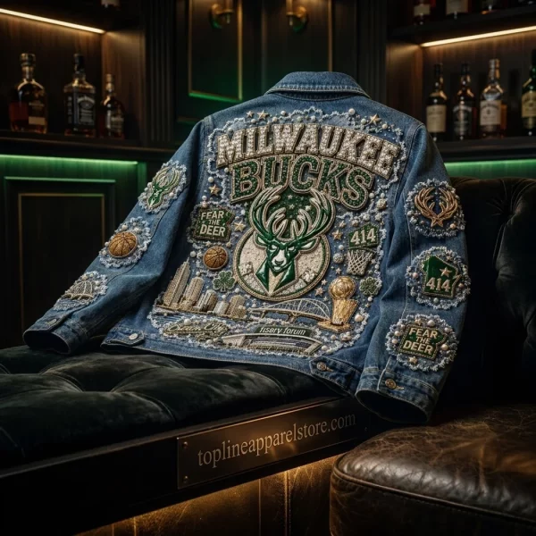 Milwaukee Bucks Custom Rhinestone Pearl Embellished Bling Game Day Denim Jacket