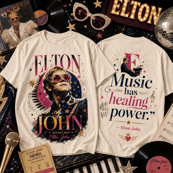 Vintage Elton John Rocket Man Music Has Healing Power Graphic T-Shirt