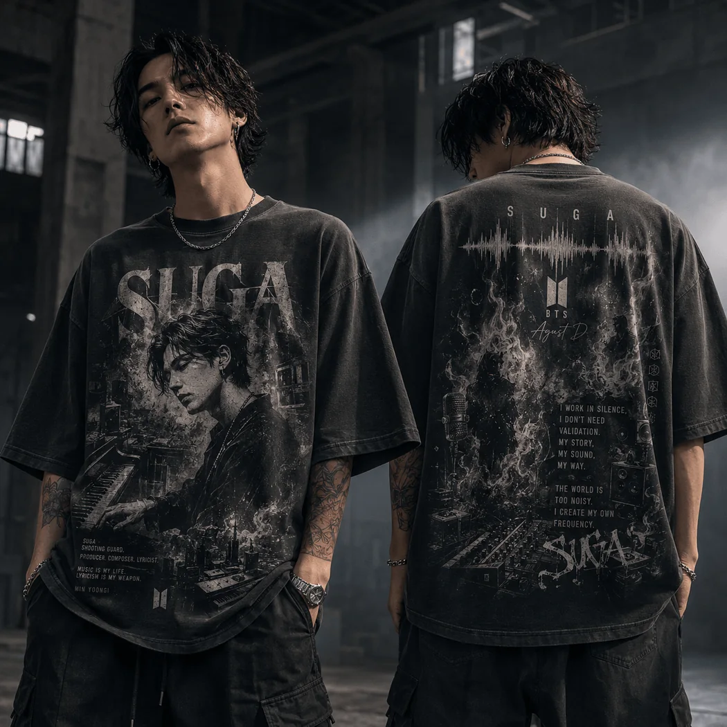BTS Suga Agust D Min Yoongi Vintage Washed Oversized Graphic T-Shirt BTS Suga Agust D Min Yoongi Vintage Washed Oversized Graphic T-Shirt