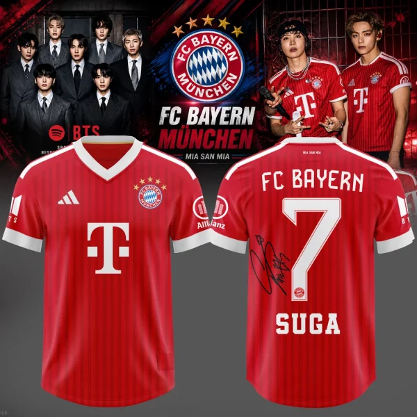 BTS World Tour Arirang x FC Bayern Munich Suga Number 7 Signature Red Soccer Jersey