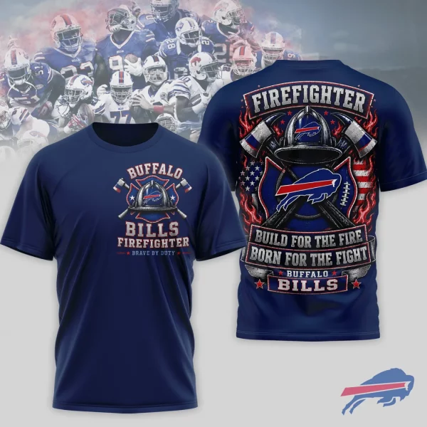 Buffalo Bills Firefighter Tribute Patriotic Navy Blue 3D Graphic T-Shirt