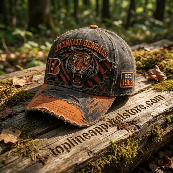 Cincinnati Bengals Est 1968 Problem Solved Ripped Tiger Retro Distressed Baseball Cap