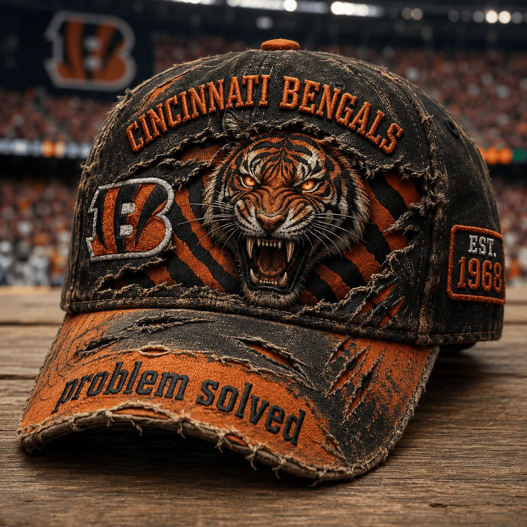 Cincinnati Bengals Est 1968 Problem Solved Ripped Tiger Retro Distressed Baseball Cap Cincinnati Bengals Est 1968 Problem Solved Ripped Tiger Retro Distressed Baseball Cap
