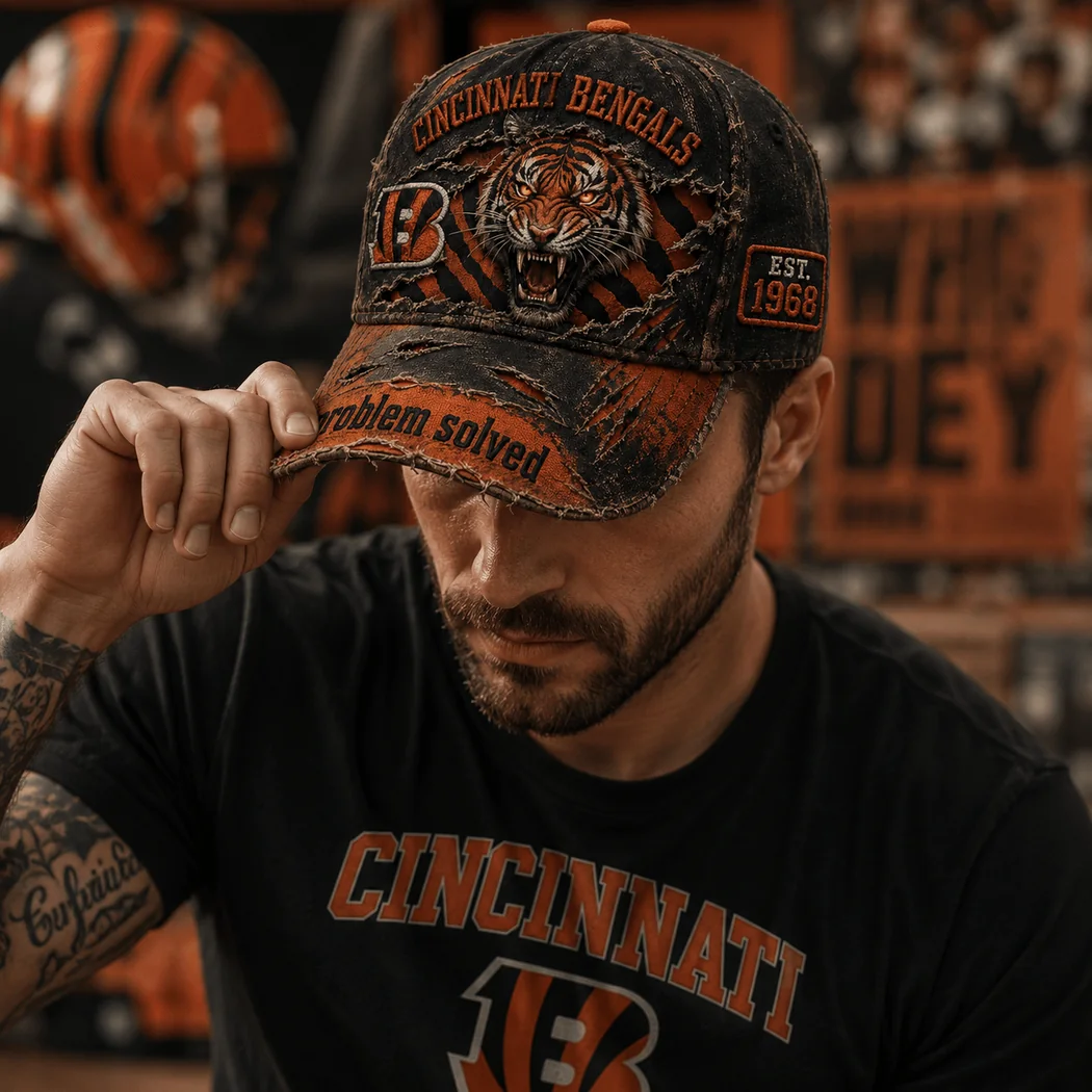 Cincinnati Bengals Est 1968 Problem Solved Ripped Tiger Retro Distressed Baseball Cap Cincinnati Bengals Est 1968 Problem Solved Ripped Tiger Retro Distressed Baseball Cap
