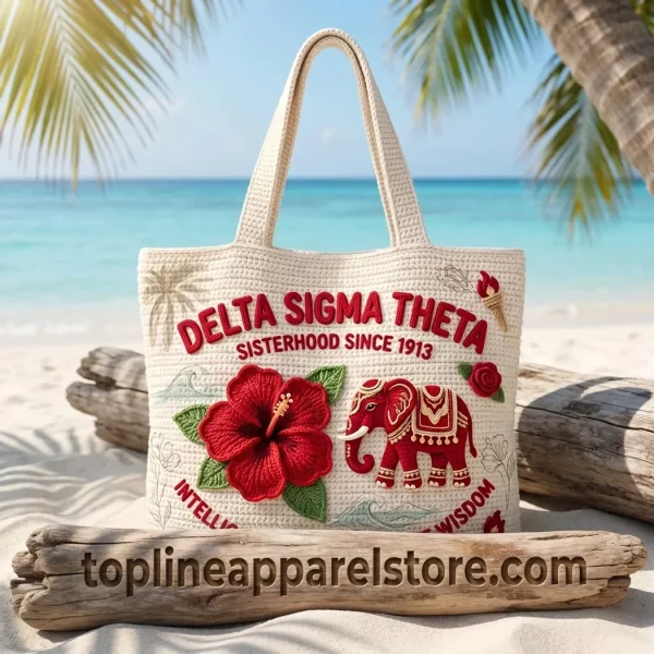 Delta Sigma Theta DST Sorority 1913 Elephant Hibiscus Premium Crochet Woven Tote Bag