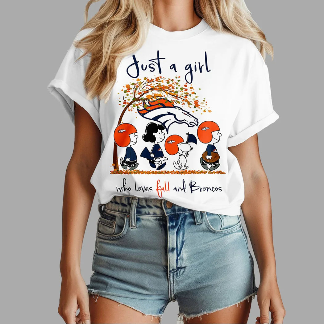 Denver Broncos Snoopy Peanuts Just A Girl Who Loves Fall Graphic T-Shirt Denver Broncos Snoopy Peanuts Just A Girl Who Loves Fall Graphic T-Shirt