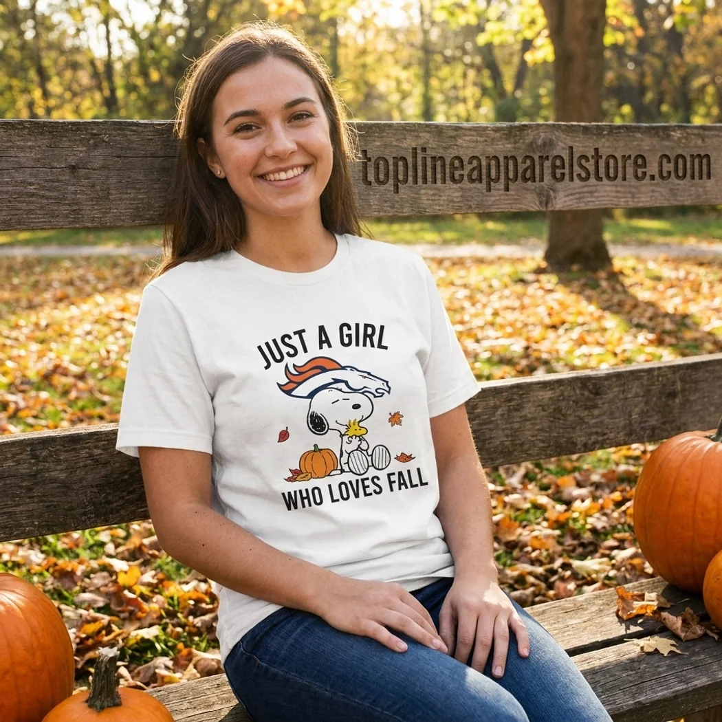 Denver Broncos Snoopy Peanuts Just A Girl Who Loves Fall Graphic T-Shirt Denver Broncos Snoopy Peanuts Just A Girl Who Loves Fall Graphic T-Shirt