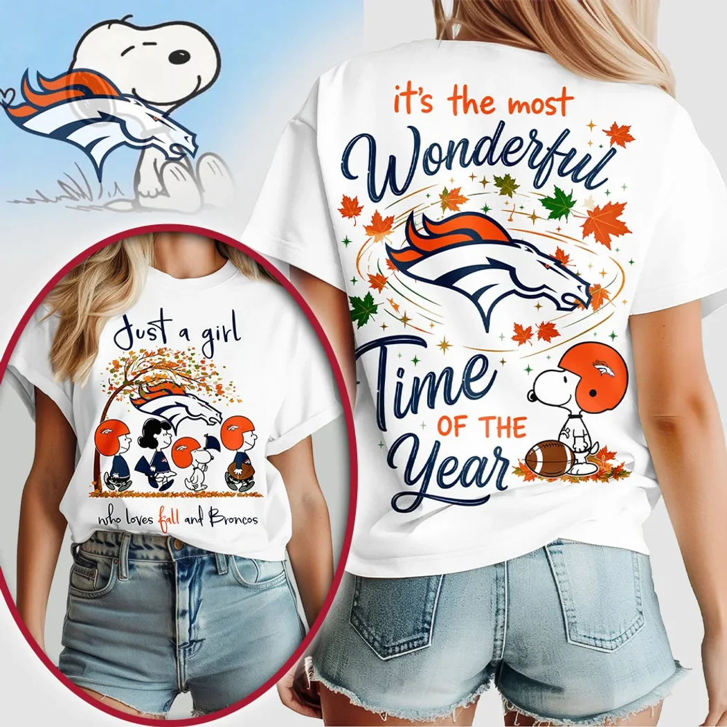 Denver Broncos Snoopy Peanuts Just A Girl Who Loves Fall Graphic T-Shirt Denver Broncos Snoopy Peanuts Just A Girl Who Loves Fall Graphic T-Shirt