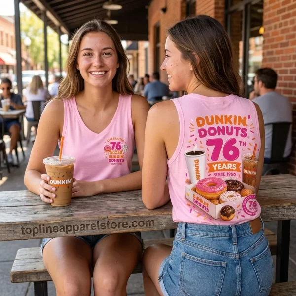 Dunkin Donuts 76th Anniversary Celebrating 76 Years Pink Coffee and Donuts Graphic Tank Top