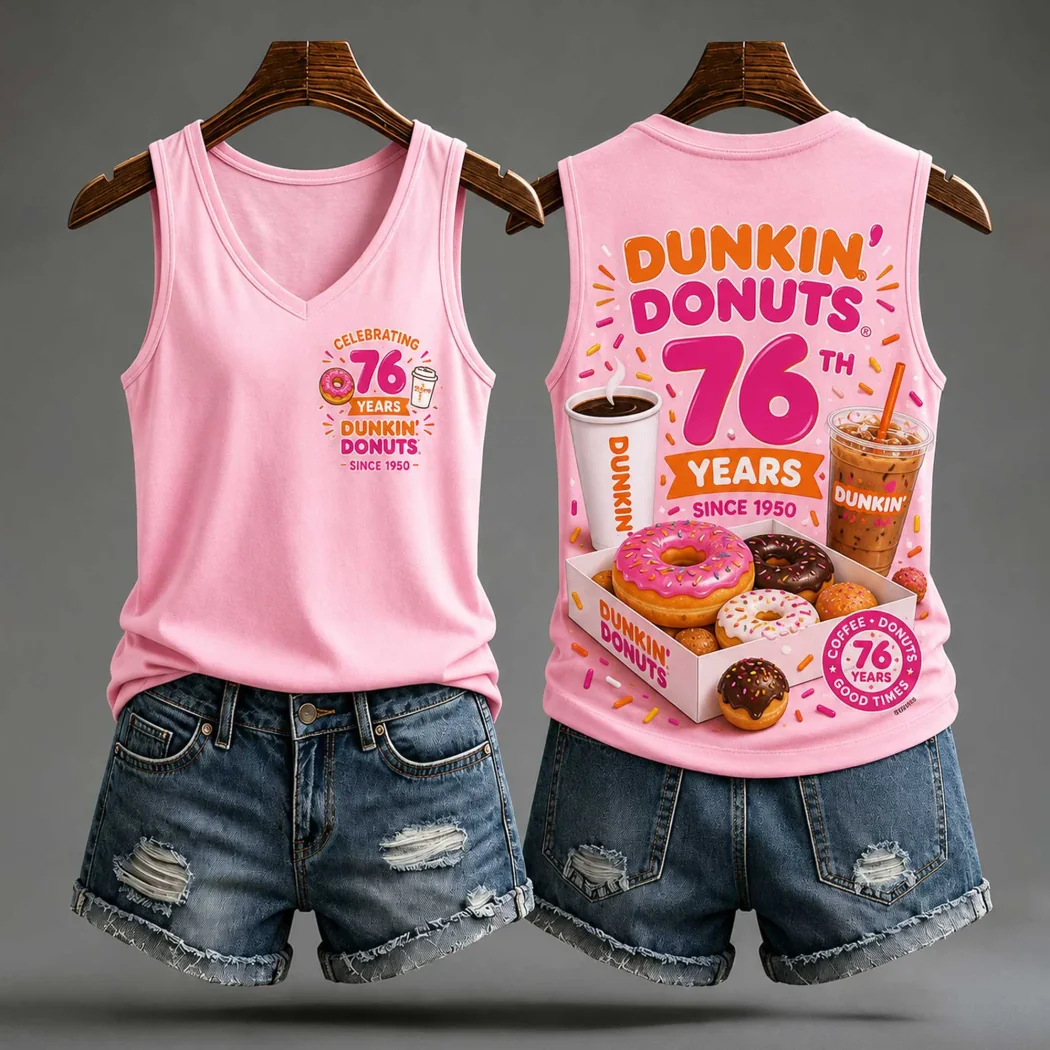 Dunkin Donuts 76th Anniversary Celebrating 76 Years Pink Coffee and Donuts Graphic Tank Top Dunkin Donuts 76th Anniversary Celebrating 76 Years Pink Coffee and Donuts Graphic Tank Top