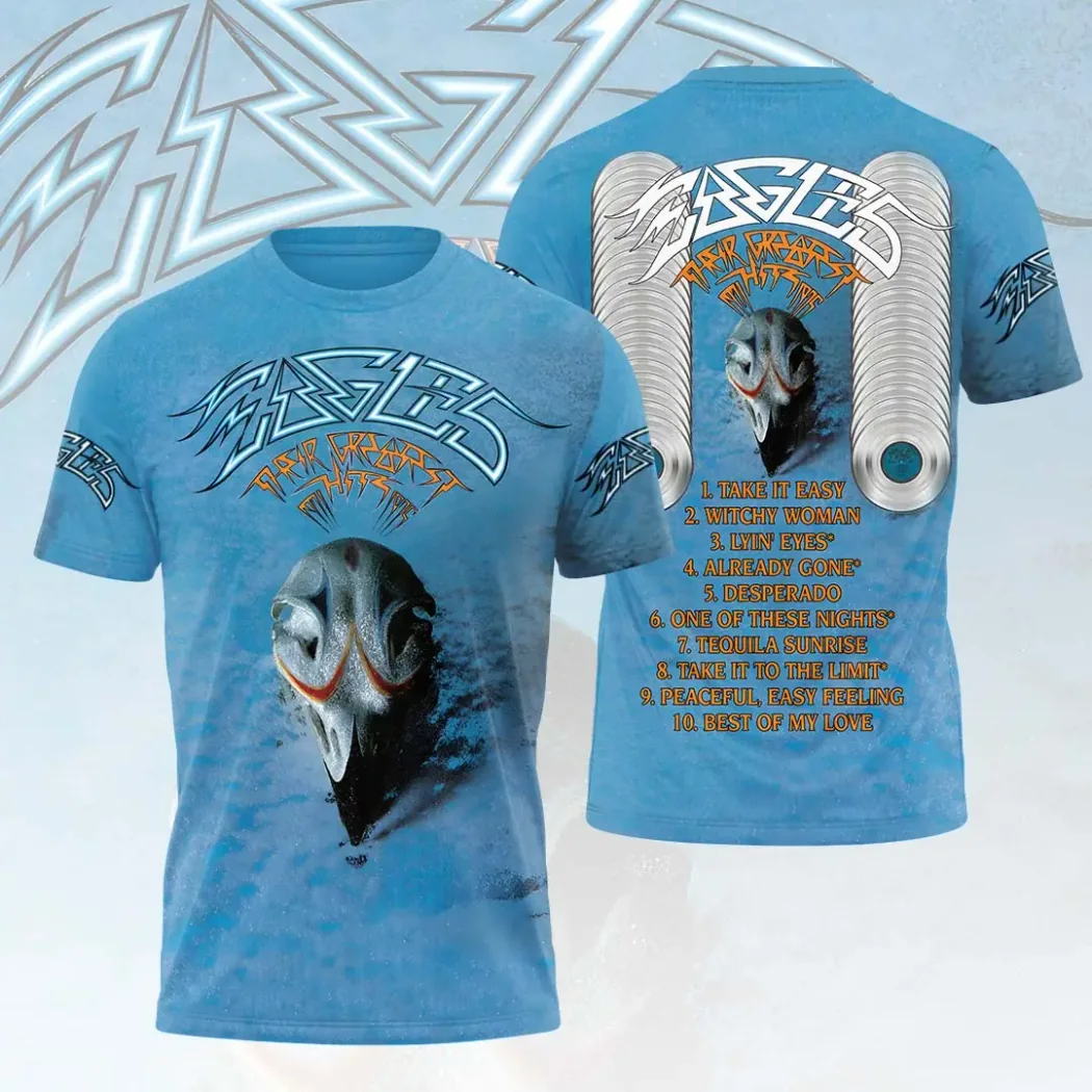 Eagles Band Their Greatest Hits Album Cover Tracklist Vintage Blue 3D Graphic T-Shirt Eagles Band Their Greatest Hits Album Cover Tracklist Vintage Blue 3D Graphic T-Shirt