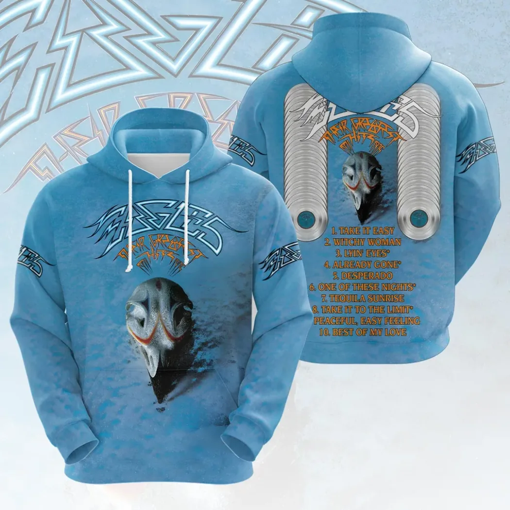 Eagles Band Their Greatest Hits Album Cover Tracklist Vintage Blue 3D Graphic T-Shirt Eagles Band Their Greatest Hits Album Cover Tracklist Vintage Blue 3D Graphic T-Shirt