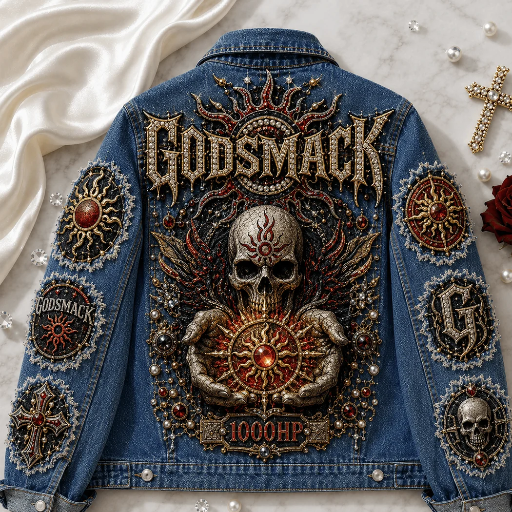 Godsmack 1000HP Heavy Metal Rock Band Skull Graphic Premium Denim Jacket Godsmack 1000HP Heavy Metal Rock Band Skull Graphic Premium Denim Jacket