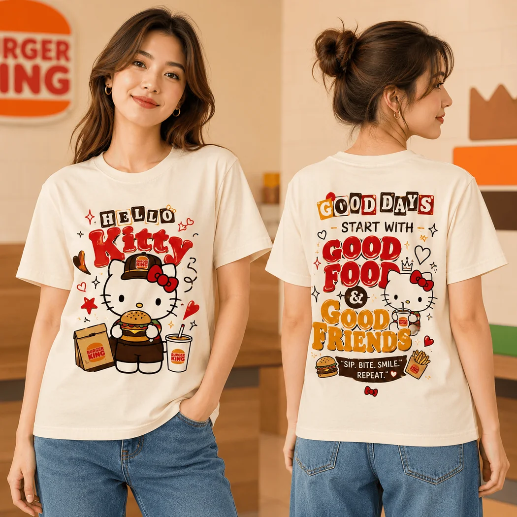Hello Kitty x Burger King Cute Foodie Retro Graphic T-Shirt Hello Kitty x Burger King Cute Foodie Retro Graphic T-Shirt