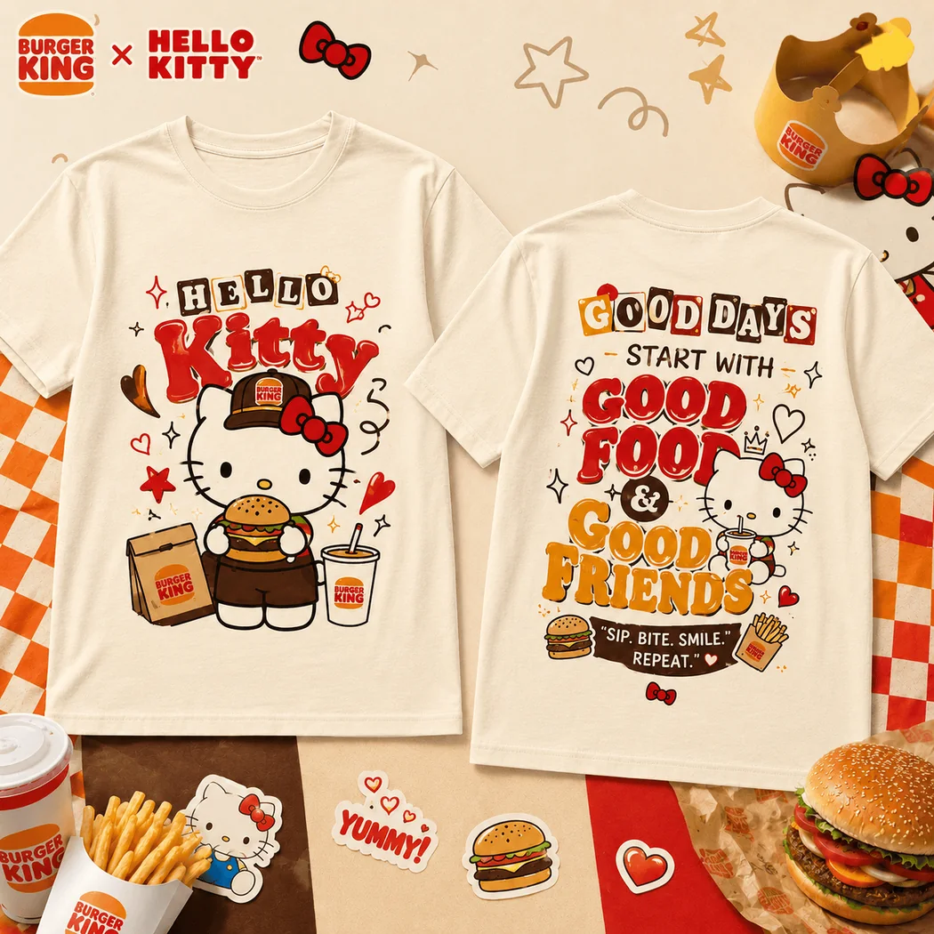 Hello Kitty x Burger King Cute Foodie Retro Graphic T-Shirt Hello Kitty x Burger King Cute Foodie Retro Graphic T-Shirt