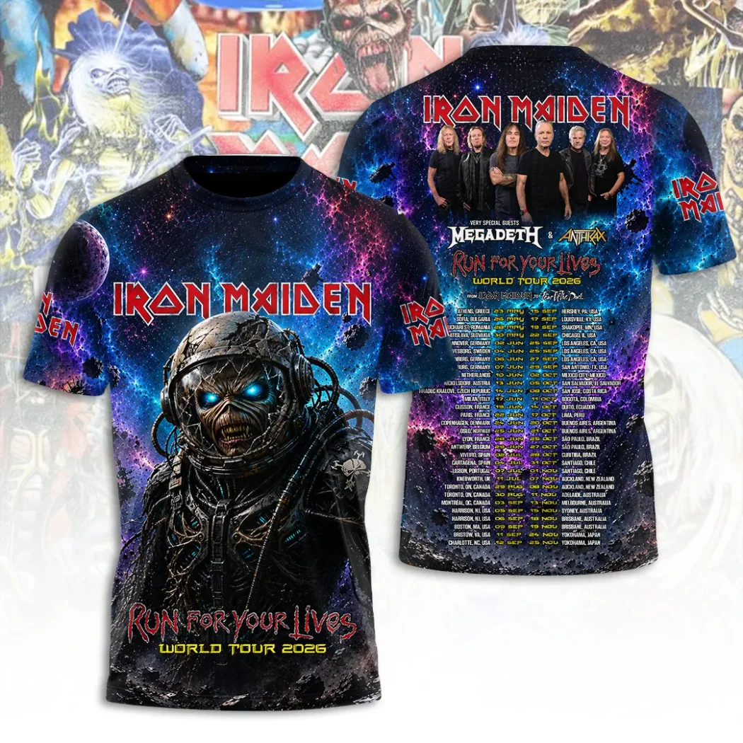 Iron Maiden Run For Your Lives World Tour 2026 Megadeth Anthrax Space Eddie 3D All-Over Print T-Shirt Iron Maiden Run For Your Lives World Tour 2026 Megadeth Anthrax Space Eddie 3D All-Over Print T-Shirt