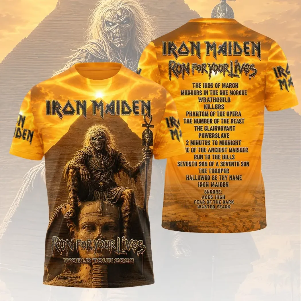 Iron Maiden Run For Your Lives World Tour 2026 Powerslave Eddie 3D All Over Print T-Shirt Iron Maiden Run For Your Lives World Tour 2026 Powerslave Eddie 3D All Over Print T-Shirt