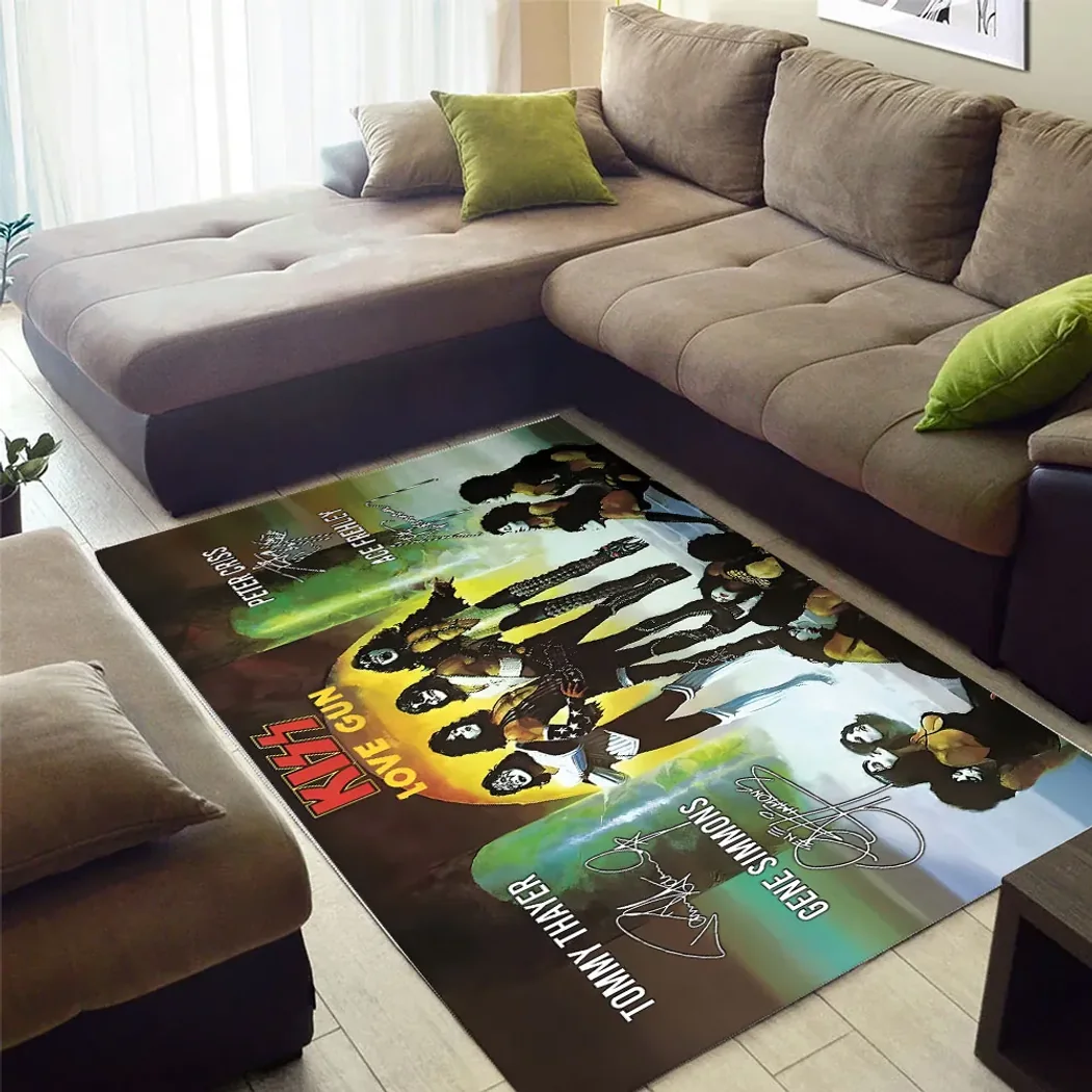 KISS Love Gun Rock Band Printed Signatures Vintage Music Decor Rectangular Area Rug