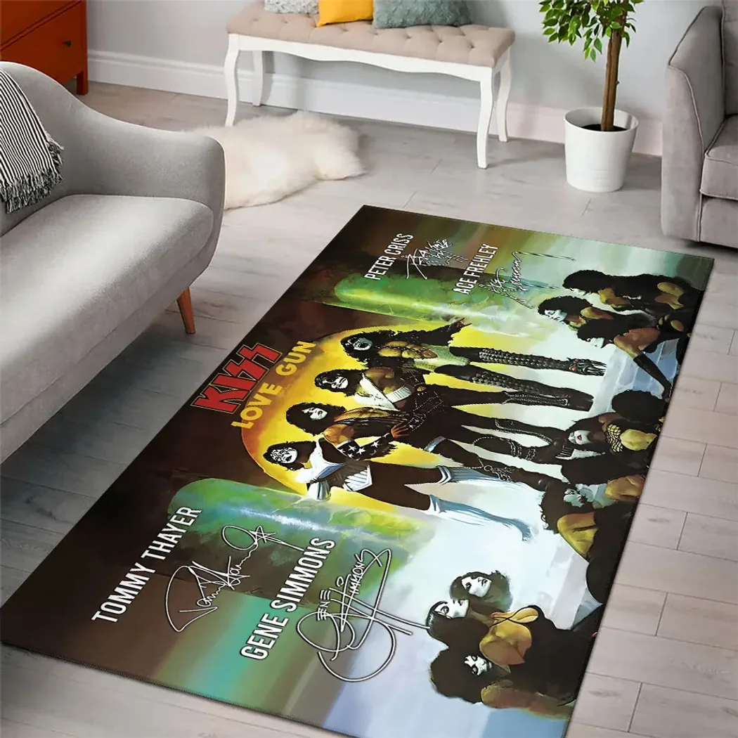 KISS Love Gun Rock Band Printed Signatures Vintage Music Decor Rectangular Area Rug