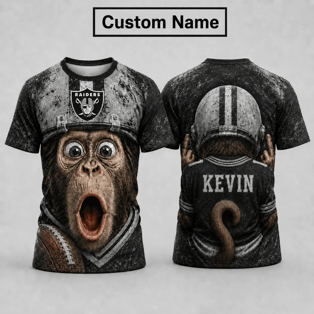 Las Vegas Raiders Funny Monkey Helmet Personalized Custom Name NFL Football Fan 3D T-Shirt Las Vegas Raiders Funny Monkey Helmet Personalized Custom Name NFL Football Fan 3D T-Shirt