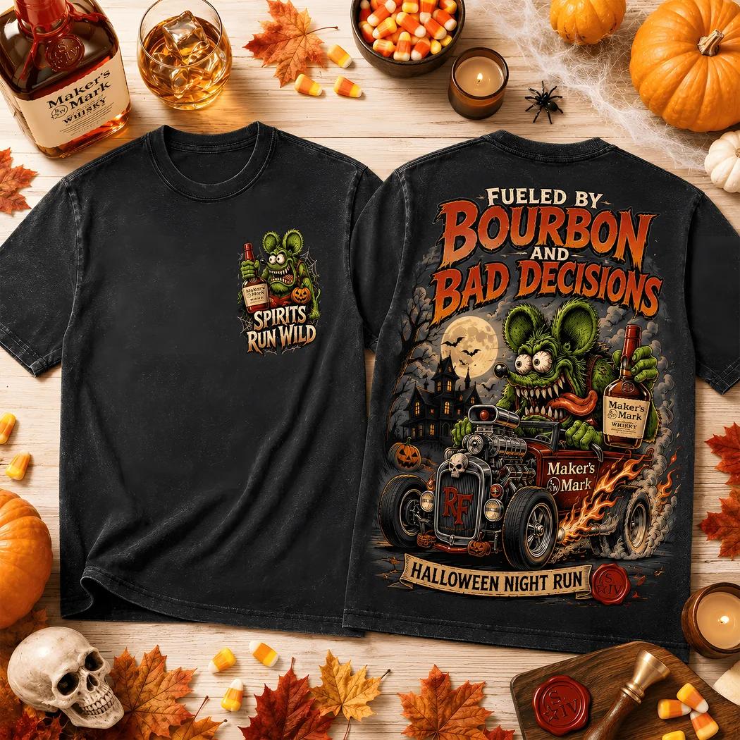 Maker’s Mark Fueled by Bourbon and Bad Decisions Rat Fink Halloween Vintage Graphic T-Shirt Maker’s Mark Fueled by Bourbon and Bad Decisions Rat Fink Halloween Vintage Graphic T-Shirt