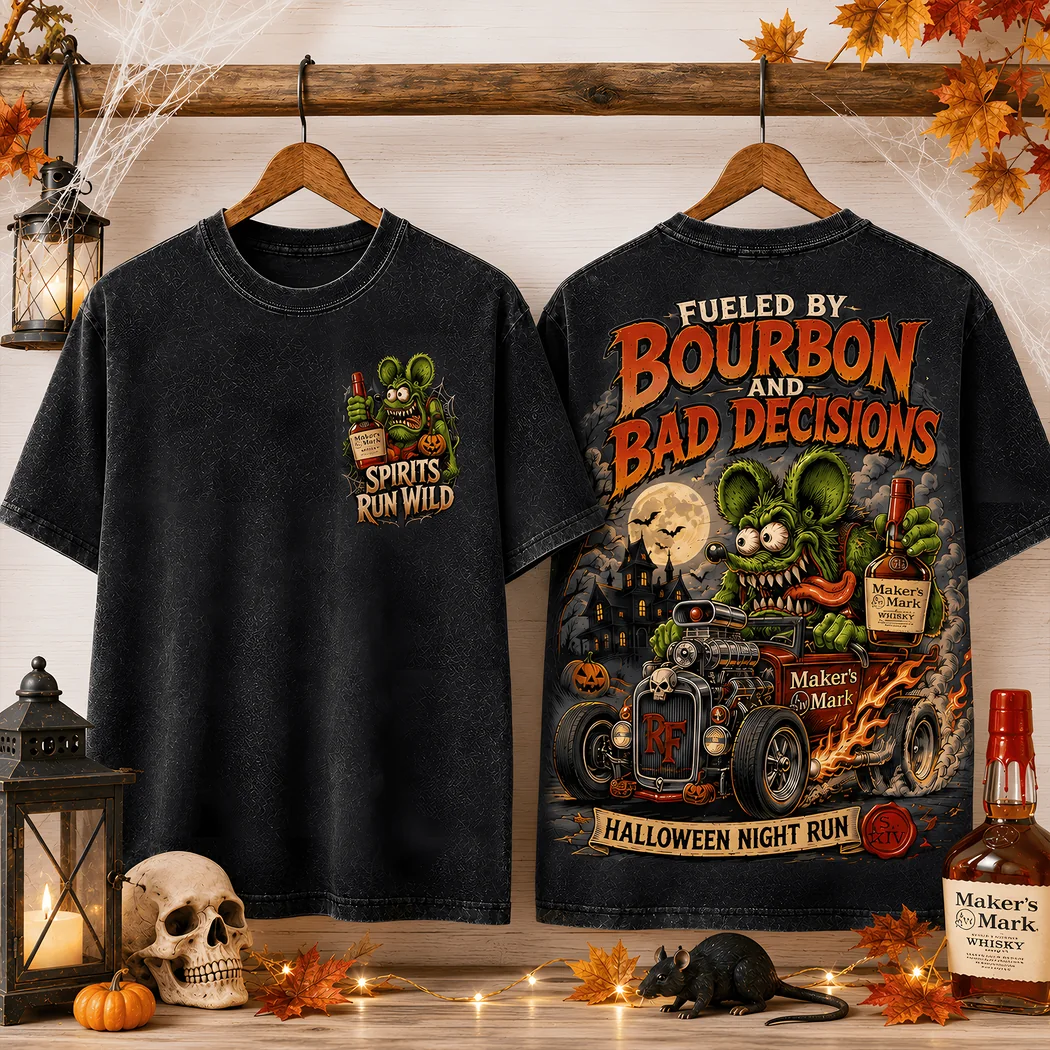 Maker’s Mark Fueled by Bourbon and Bad Decisions Rat Fink Halloween Vintage Graphic T-Shirt Maker’s Mark Fueled by Bourbon and Bad Decisions Rat Fink Halloween Vintage Graphic T-Shirt