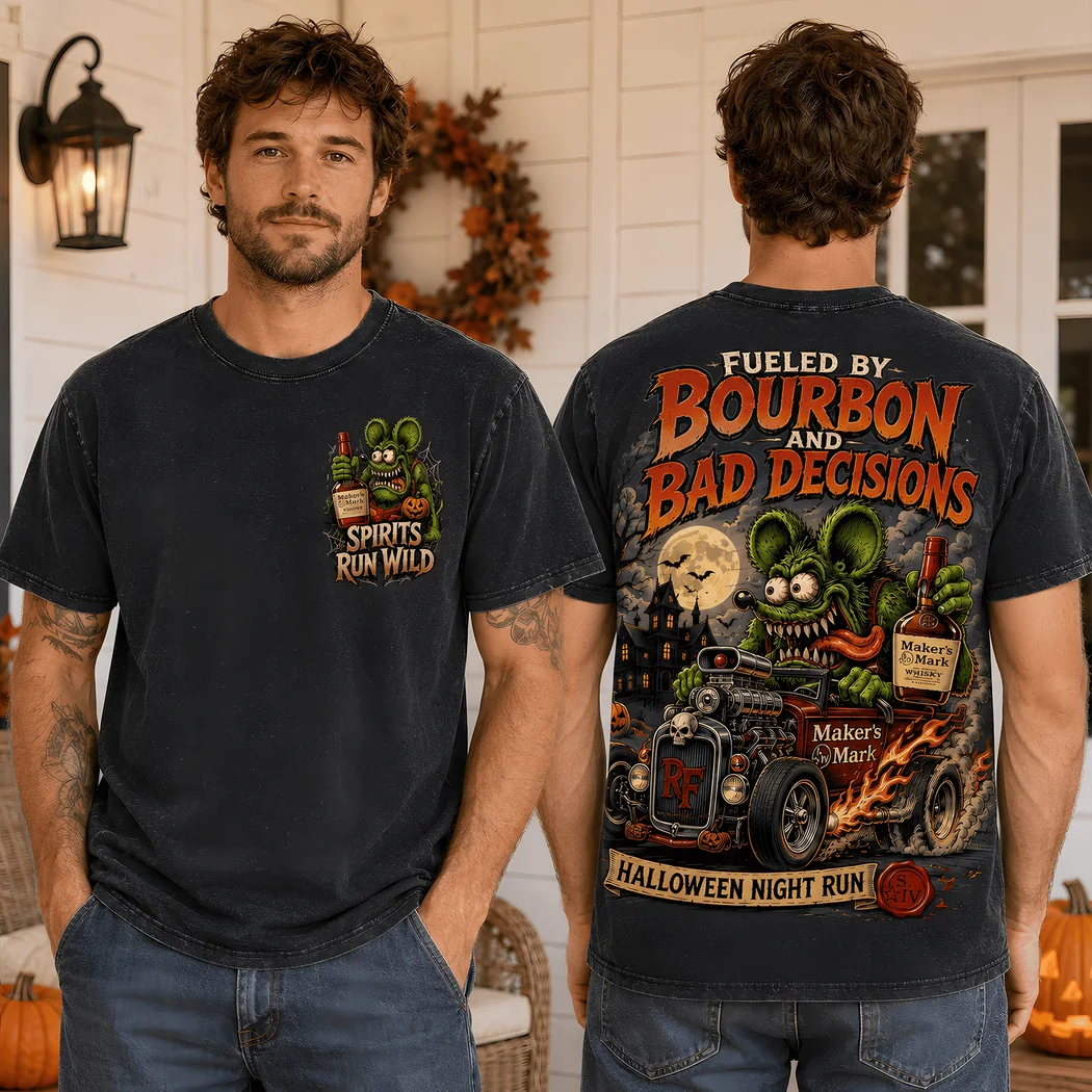 Maker’s Mark Fueled by Bourbon and Bad Decisions Rat Fink Halloween Vintage Graphic T-Shirt Maker’s Mark Fueled by Bourbon and Bad Decisions Rat Fink Halloween Vintage Graphic T-Shirt