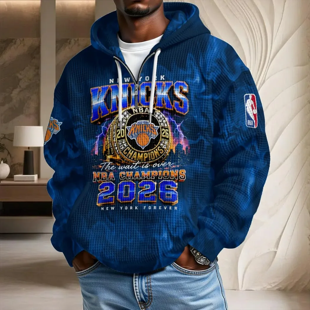 New York Knicks 2026 NBA Finals Champions Commemorative Signatures Graphic Unisex Quarter-Zip Waffle Hoodie New York Knicks 2026 NBA Finals Champions Commemorative Signatures Graphic Unisex Quarter-Zip Waffle Hoodie