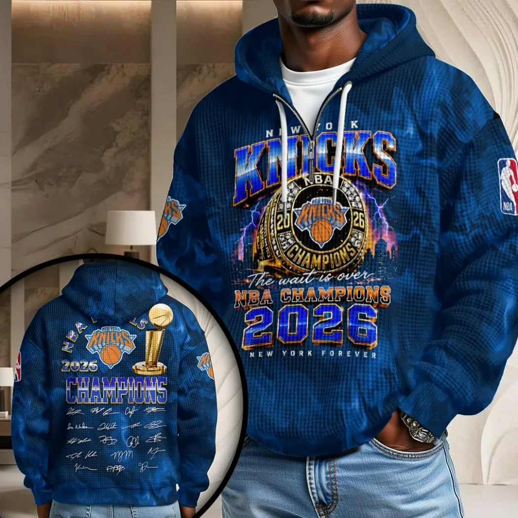 New York Knicks 2026 NBA Finals Champions Commemorative Signatures Graphic Unisex Quarter-Zip Waffle Hoodie New York Knicks 2026 NBA Finals Champions Commemorative Signatures Graphic Unisex Quarter-Zip Waffle Hoodie