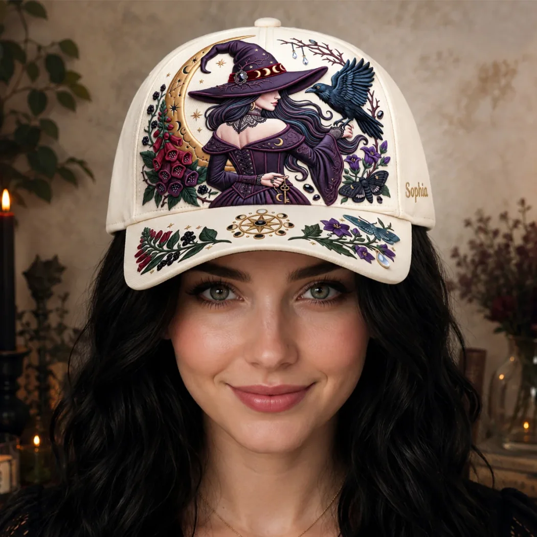Personalized Enchanted Witch and Raven Gothic Celestial Cream Baseball Cap Personalized Enchanted Witch and Raven Gothic Celestial Cream Baseball Cap