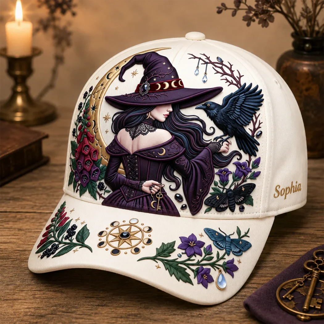 Personalized Enchanted Witch and Raven Gothic Celestial Cream Baseball Cap Personalized Enchanted Witch and Raven Gothic Celestial Cream Baseball Cap