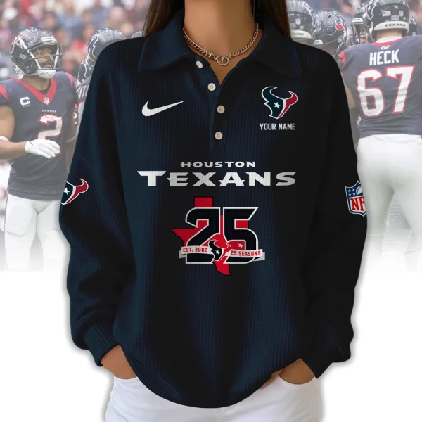 Personalized Houston Texans 25 Seasons Anniversary Commemorative Navy Blue Long-Sleeve Polo Shirt