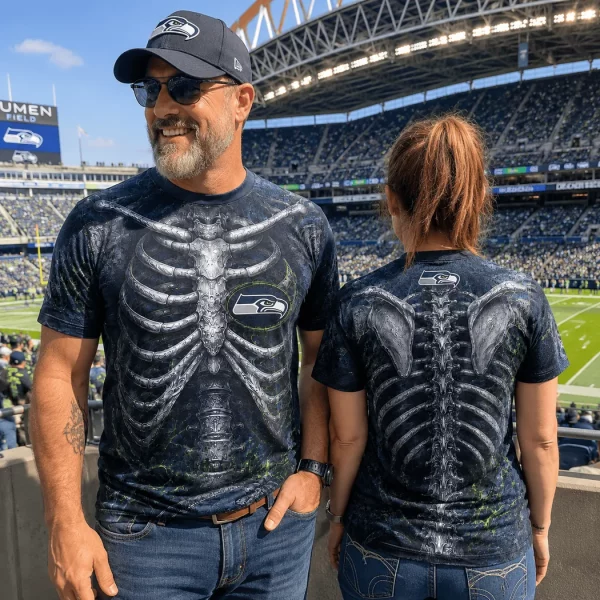 Seattle Seahawks 3D Skeleton Ribcage Graphic Gothic Spooky NFL Football Fan T-Shirt