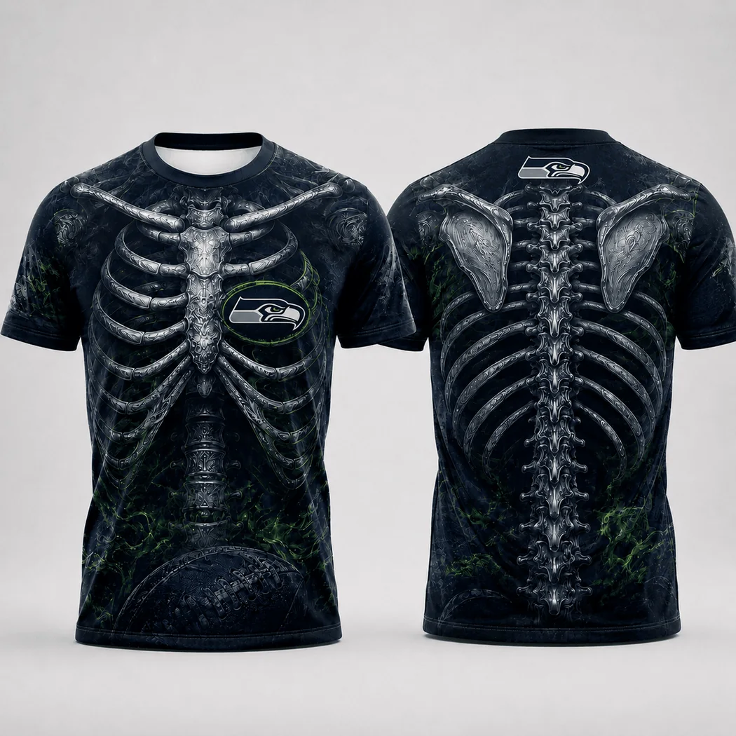 Seattle Seahawks 3D Skeleton Ribcage Graphic Gothic Spooky NFL Football Fan T-Shirt Seattle Seahawks 3D Skeleton Ribcage Graphic Gothic Spooky NFL Football Fan T-Shirt