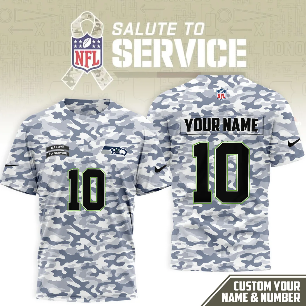 Seattle Seahawks Salute To Service Custom Name And Number Camo Personalized 3D T-Shirt Seattle Seahawks Salute To Service Custom Name And Number Camo Personalized 3D T-Shirt