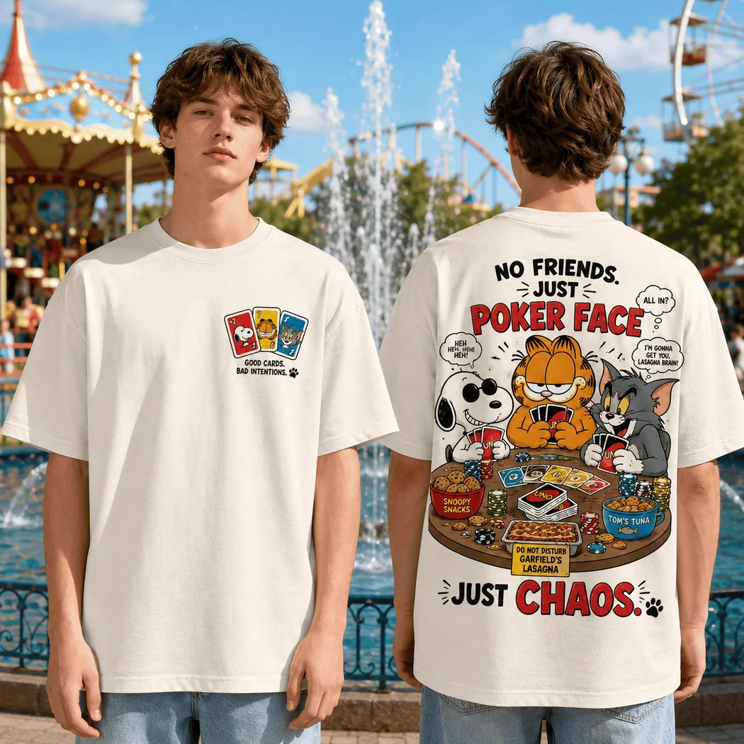 Snoopy Garfield and Tom No Friends Just Poker Face Funny Cartoon Graphic T-Shirt Snoopy Garfield and Tom No Friends Just Poker Face Funny Cartoon Graphic T-Shirt