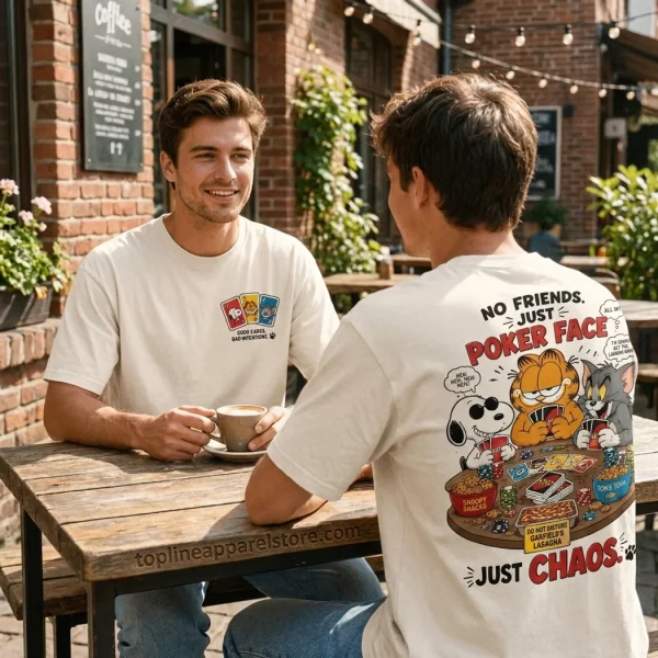 Snoopy Garfield and Tom No Friends Just Poker Face Funny Cartoon Graphic T-Shirt