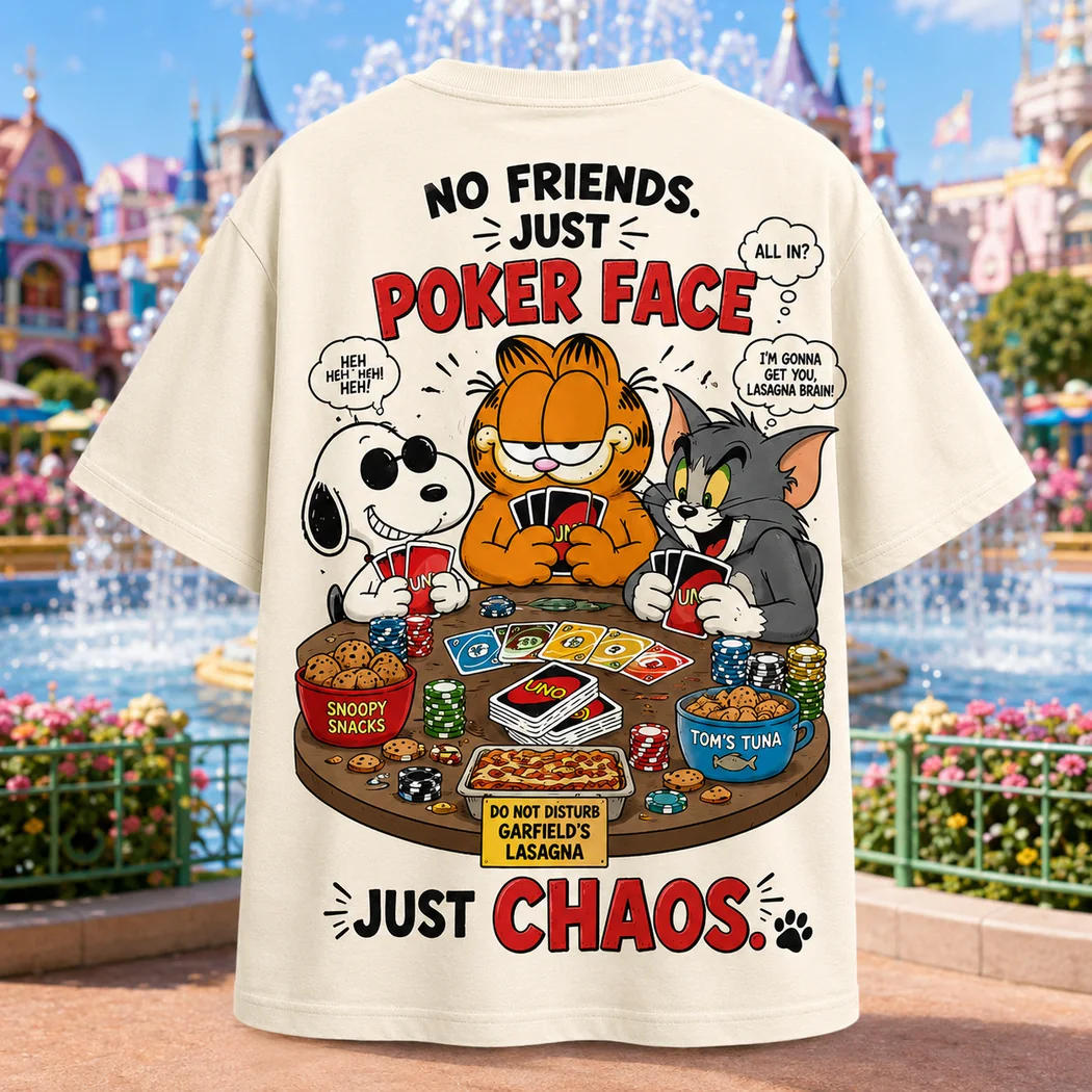 Snoopy Garfield and Tom No Friends Just Poker Face Funny Cartoon Graphic T-Shirt Snoopy Garfield and Tom No Friends Just Poker Face Funny Cartoon Graphic T-Shirt