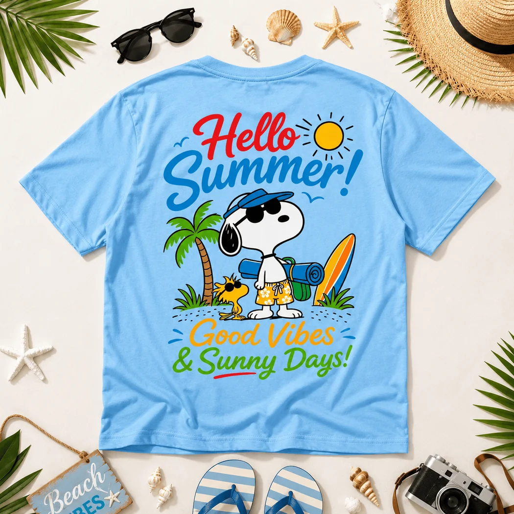 Snoopy Hello Summer Good Vibes Tropical Beach Graphic T-Shirt Snoopy Hello Summer Good Vibes Tropical Beach Graphic T-Shirt