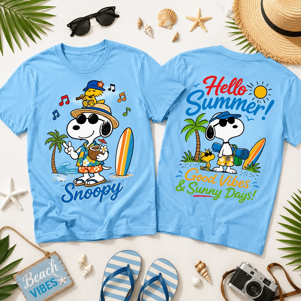 Snoopy Hello Summer Good Vibes Tropical Beach Graphic T-Shirt Snoopy Hello Summer Good Vibes Tropical Beach Graphic T-Shirt