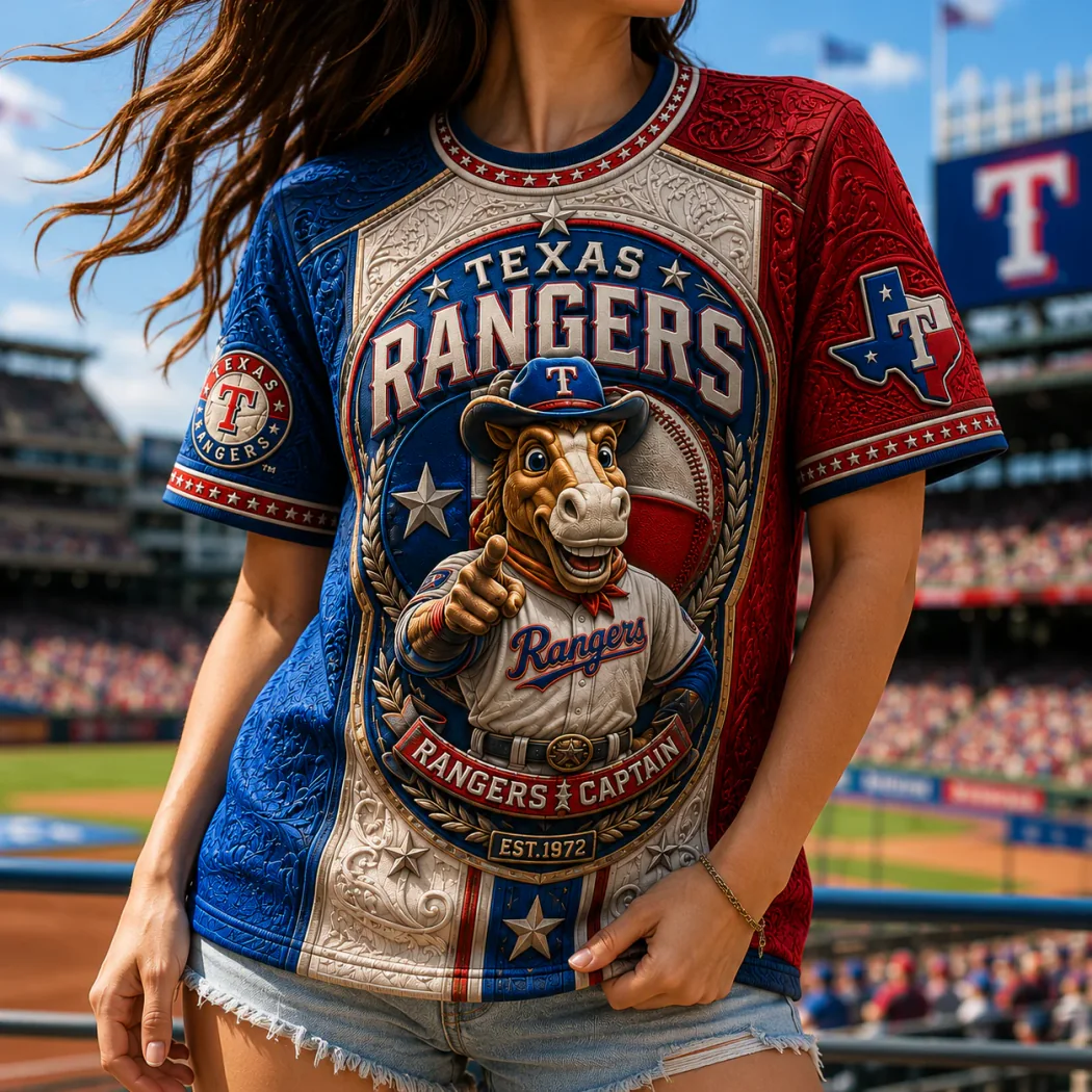 Texas Rangers Mascot Rangers Captain EST 1972 Premium 3D Embossed Style Graphic T-Shirt Texas Rangers Mascot Rangers Captain EST 1972 Premium 3D Embossed Style Graphic T-Shirt