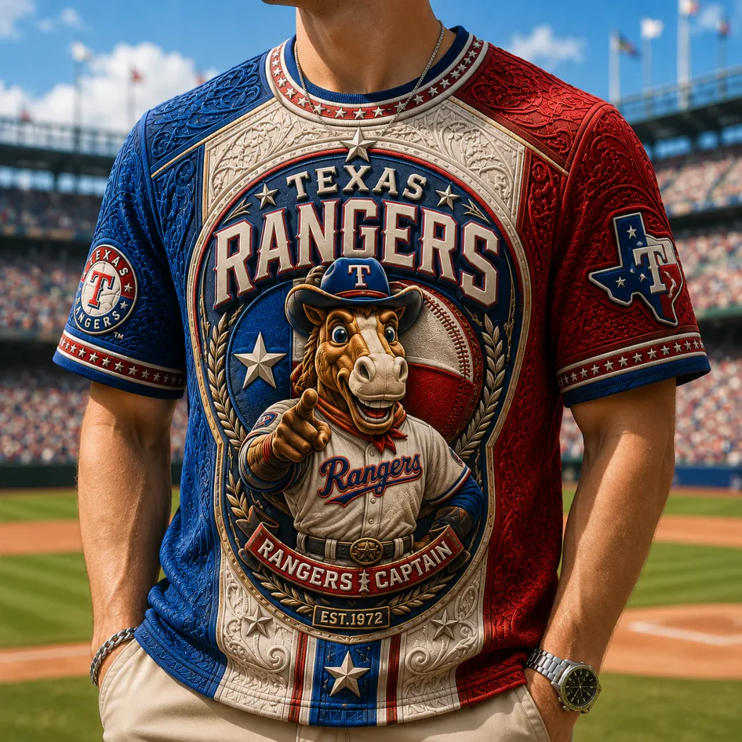 Texas Rangers Mascot Rangers Captain EST 1972 Premium 3D Embossed Style Graphic T-Shirt Texas Rangers Mascot Rangers Captain EST 1972 Premium 3D Embossed Style Graphic T-Shirt