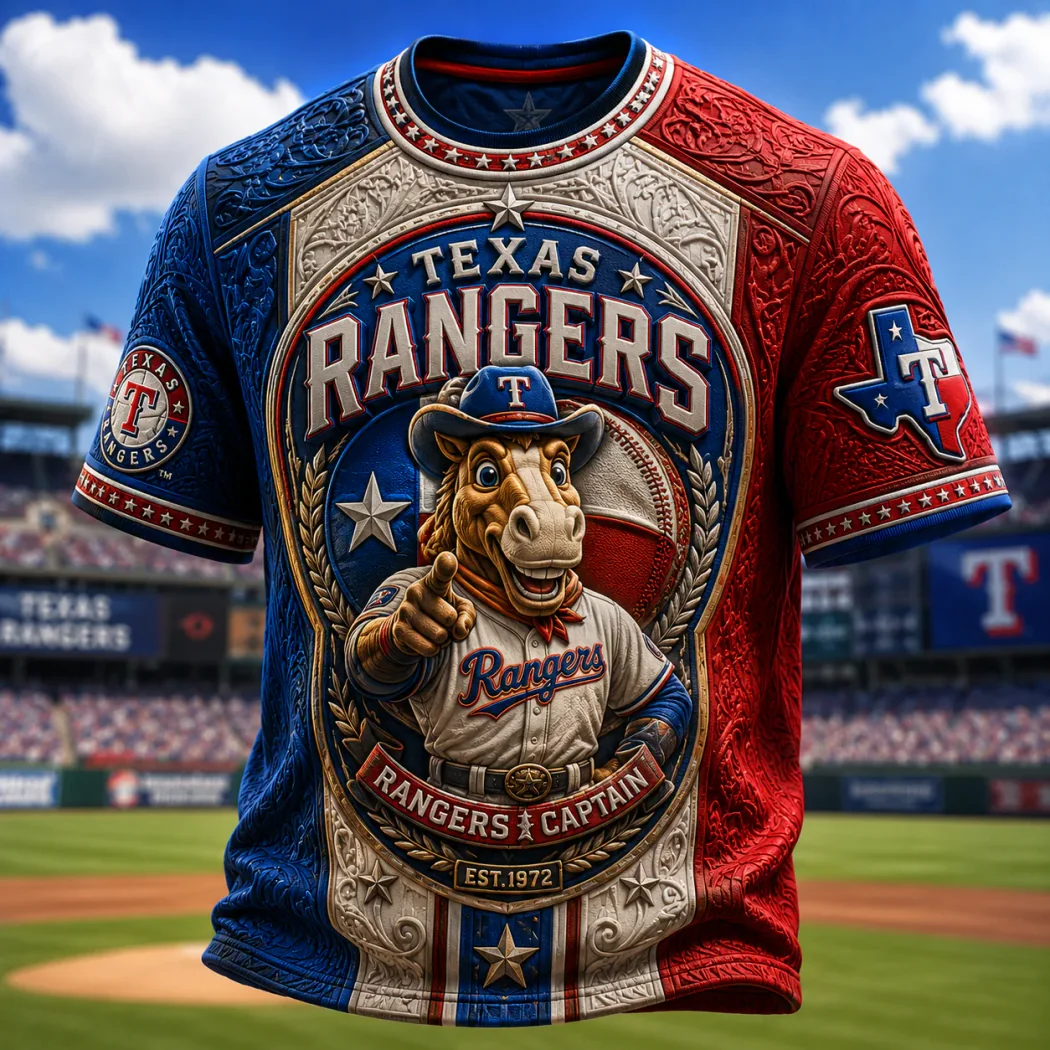Texas Rangers Mascot Rangers Captain EST 1972 Premium 3D Embossed Style Graphic T-Shirt Texas Rangers Mascot Rangers Captain EST 1972 Premium 3D Embossed Style Graphic T-Shirt