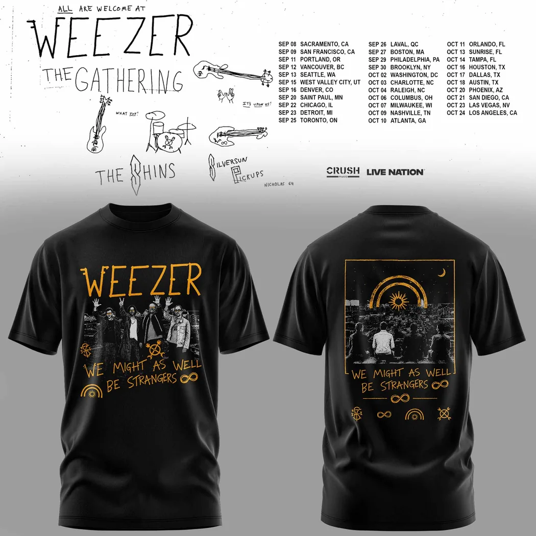 Weezer The Gathering Tour We Might As Well Be Strangers Vintage Concert Graphic T-Shirt Weezer The Gathering Tour We Might As Well Be Strangers Vintage Concert Graphic T-Shirt
