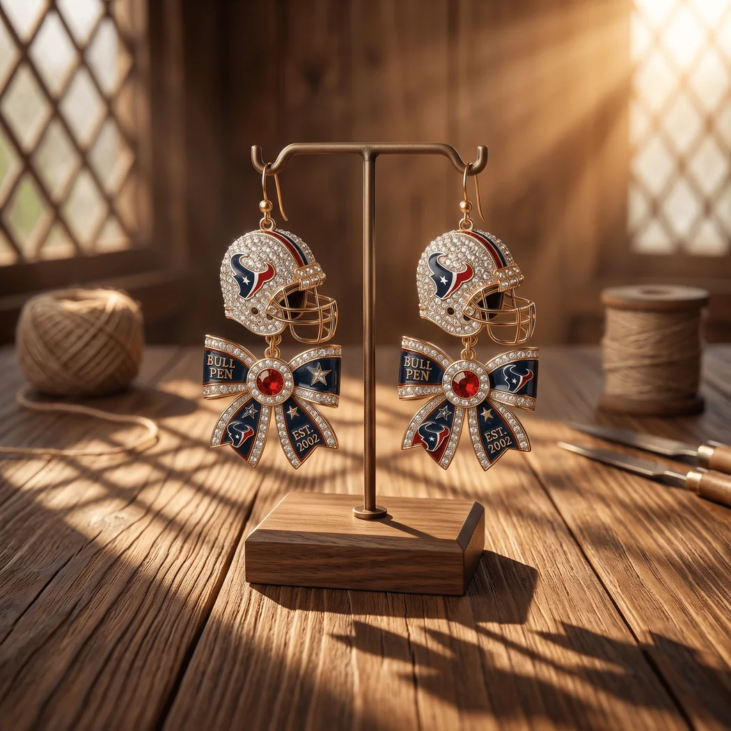 Houston Texans NFL Gold Rhinestone Football Helmet and Bow Game Day Statement Dangle Earrings Houston Texans NFL Gold Rhinestone Football Helmet and Bow Game Day Statement Dangle Earrings