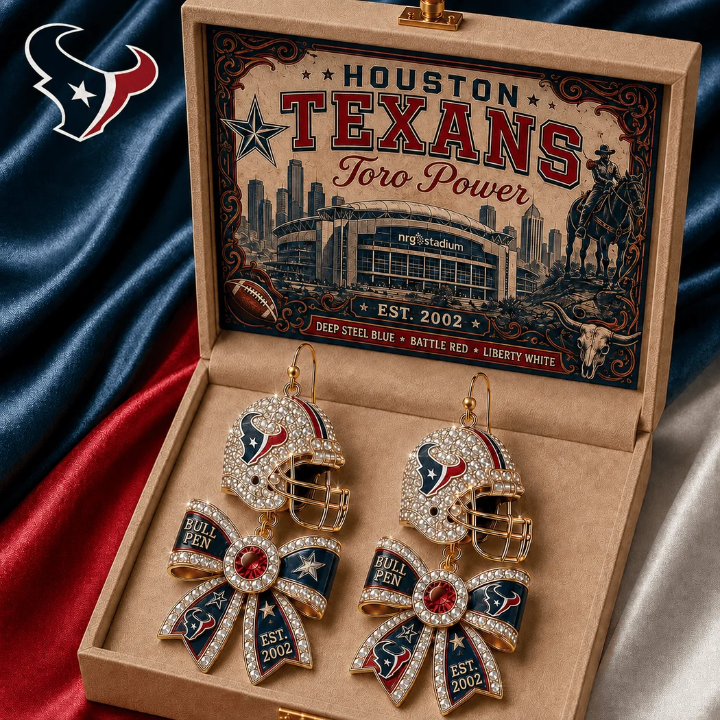 Houston Texans NFL Gold Rhinestone Football Helmet and Bow Game Day Statement Dangle Earrings Houston Texans NFL Gold Rhinestone Football Helmet and Bow Game Day Statement Dangle Earrings