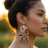 Houston Texans NFL Gold Rhinestone Football Helmet and Bow Game Day Statement Dangle Earrings