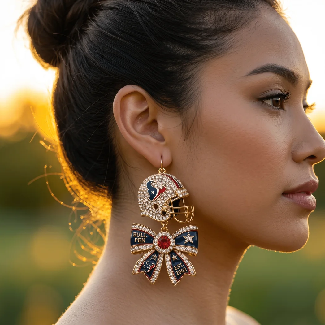 Houston Texans NFL Gold Rhinestone Football Helmet and Bow Game Day Statement Dangle Earrings Houston Texans NFL Gold Rhinestone Football Helmet and Bow Game Day Statement Dangle Earrings