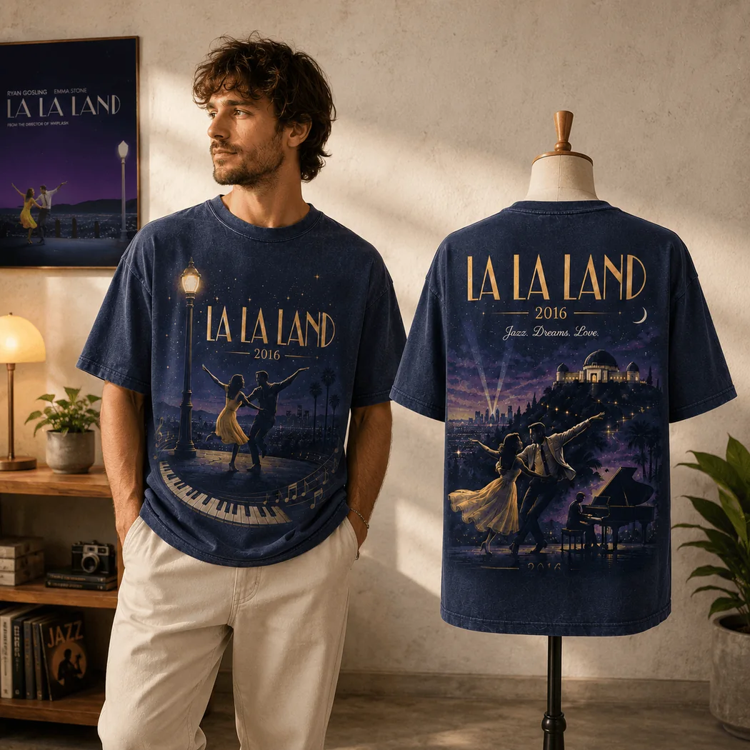 La La Land 2016 Jazz Dreams Love Vintage Washed Retro Musical Movie Graphic T-Shirt La La Land 2016 Jazz Dreams Love Vintage Washed Retro Musical Movie Graphic T-Shirt